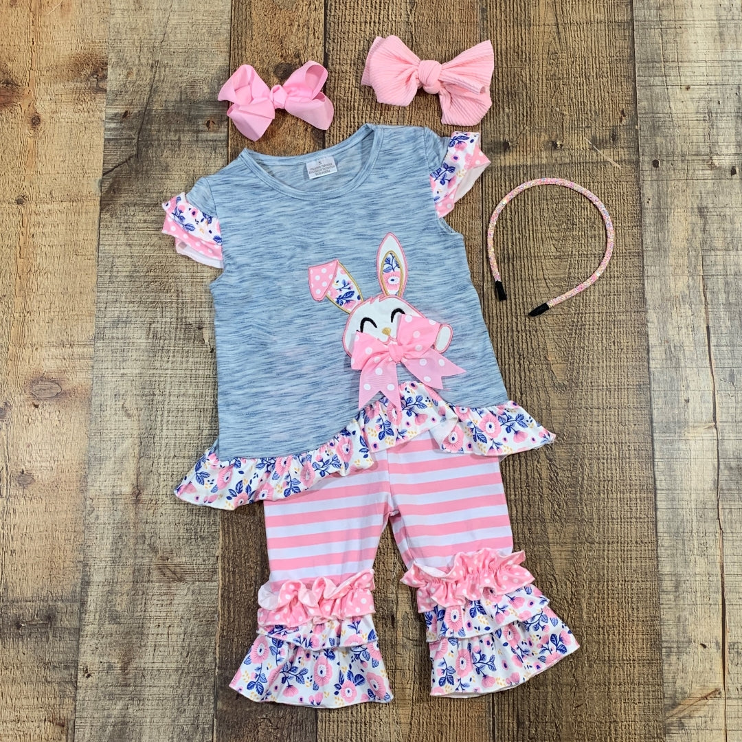 Heather Blue & Pink Floral Bunny Outfit