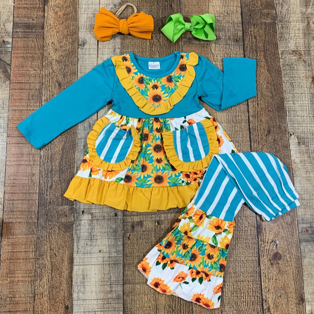 Turquoise Sunflower Ellie Bell Bottom Outfit