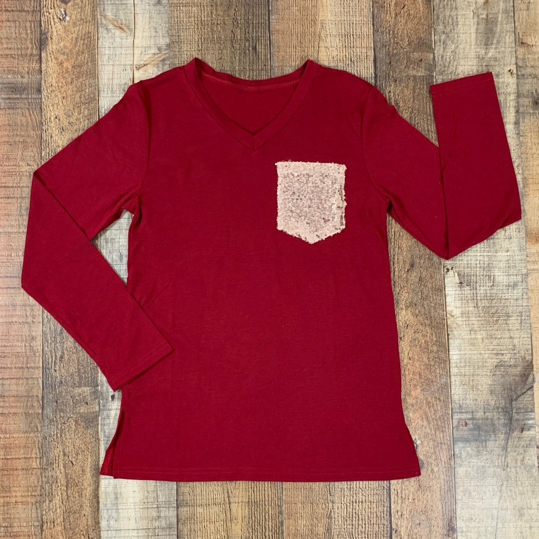 Women's Sparkle Pocket Long Sleeve Shirt Brick Red